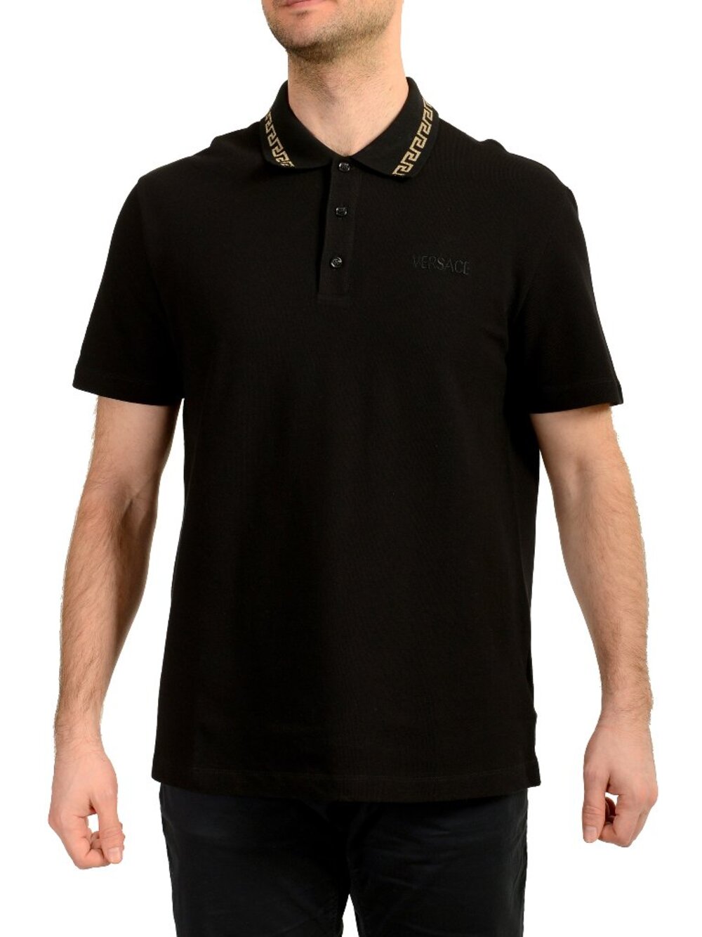 Versace Men's Gold Embroidery Black Short Sleeve Polo Shirt US 2XL IT 56